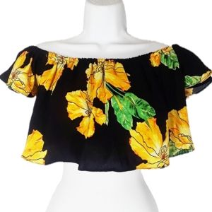 FIFTH AVENUE Yellow Floral Print Off Shoulder Smocked Black Crop Top Large